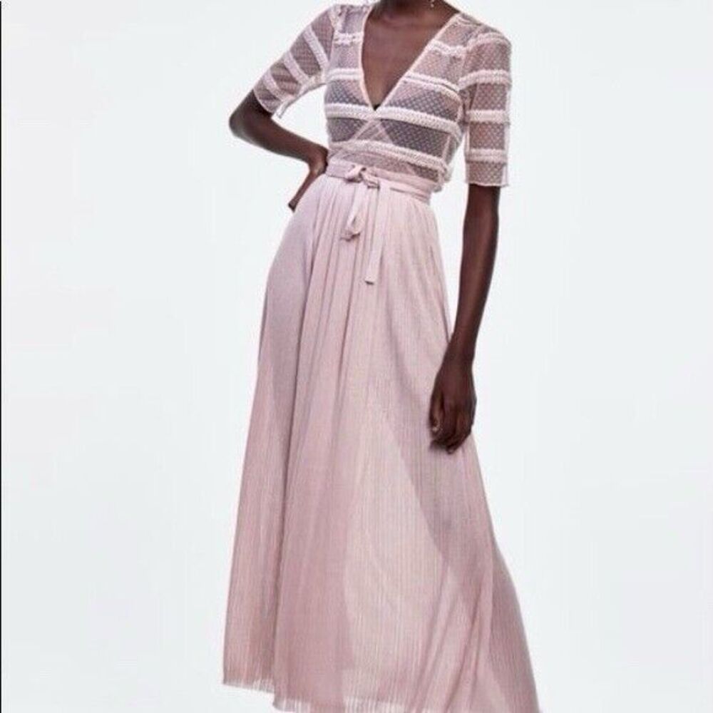 Zara Knit & Lace Wrap Long Dress Women's Size Small Blush‎ Pink Ribbed V-Neck